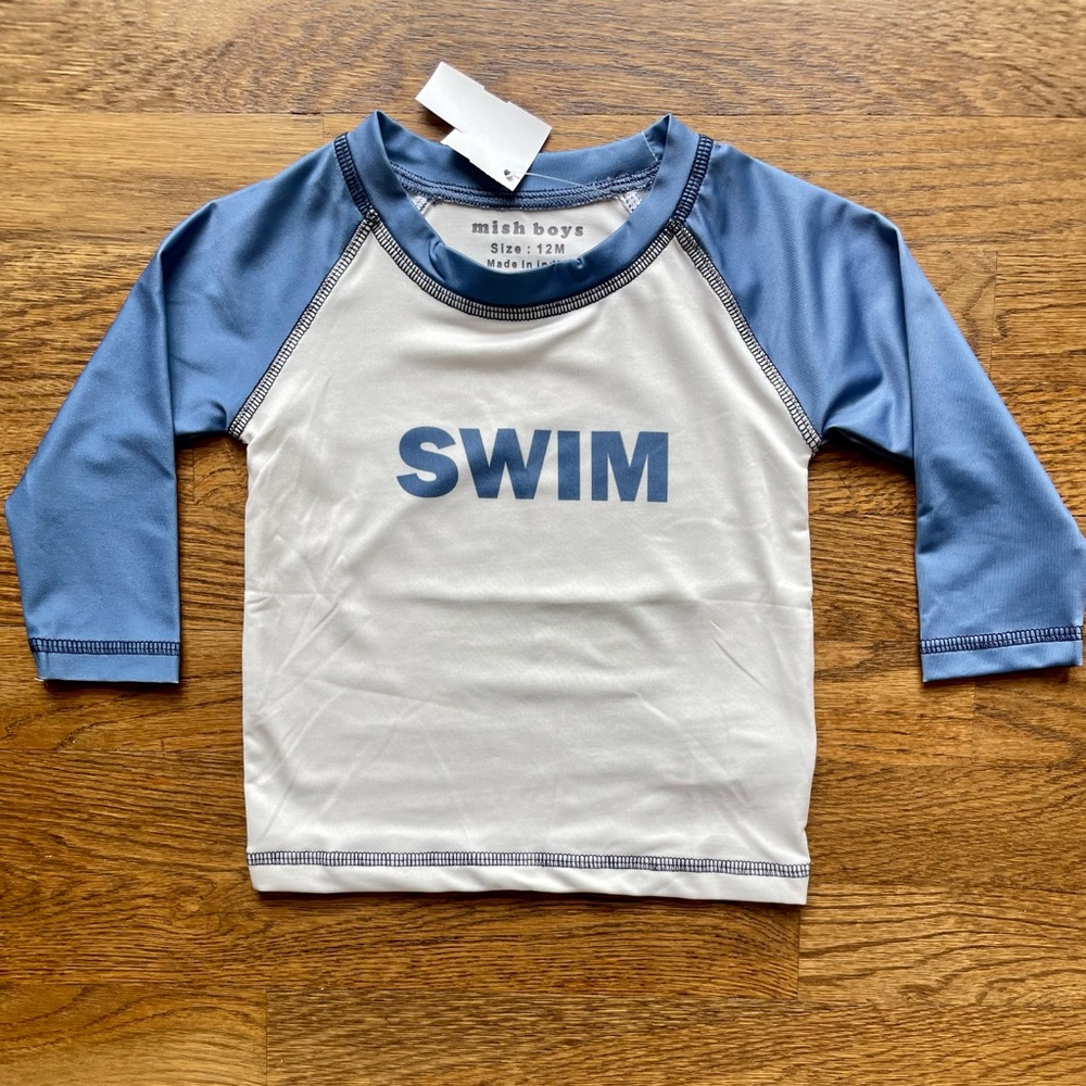 Baby ‘SWIM’ rashguard, brand Mish Boys size 12 m NWT